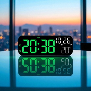 Ceas digital electronic cu afișaj LED verde, funcții dată, ziua săptămânii și temperatură, ideal pentru birou