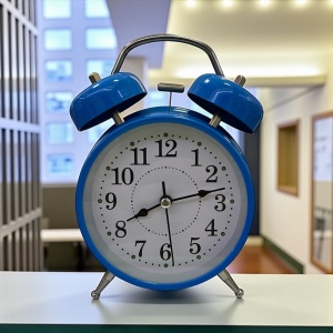 ceas de masă albastru cu dublu clopot metalic, design retro elegant, cifre negre mari și alarma, ideal pentru dormitor sau birou