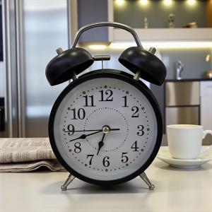 ceas de masă negru cu dublu clopot metalic, design retro elegant, cifre negre mari și alarma, ideal pentru dormitor sau birou