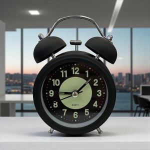 ceas masa negru cu clopotel si fosfor , cu alarma , pentru dormitor , birou