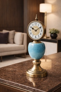 Ceas de masă decorativ vintage cu bază albastră și suport auriu