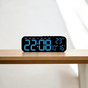 Ceas digital cu afișaj LED albastru, temperatură, dată, ziua săptămânii și funcție alarmă, design modern pentru interior