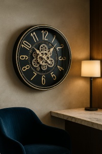 Ceas steampunk rotund negru și auriu cu roți dințate funcționale