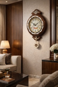Ceas de perete vintage cu pendul decorativ, design elegant cu detalii aurii și cadran floral, ideal pentru decor interior clasic.