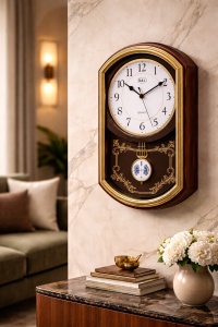 Ceas de perete clasic cu pendul decorativ, cadran rotund cu cifre arabe și ornamente elegante aurii
