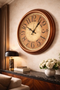 Ceas de perete vintage maro cu cifre mari si design clasic rotund