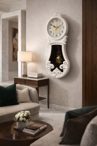 Ceas de perete clasic cu pendul si carcasa alba ornamentala