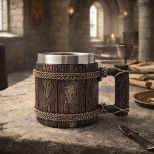 Cana decorativa stil butoi din lemn cu franghie, model rustic medieval