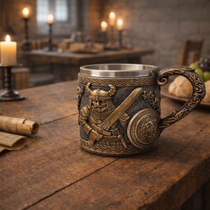 Cana decorativa viking cu razboinic nordic, sabie si scut, model medieval vintage