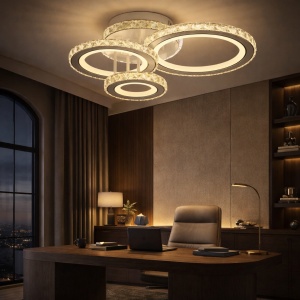 Lustră LED modernă cu cercuri cristaline și iluminare caldă, ideală pentru living sau dormitor