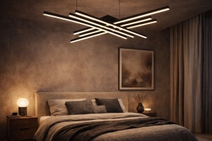 Lustră LED modernă cu bare luminoase suprapuse, design minimalist ideal pentru livinguri contemporane