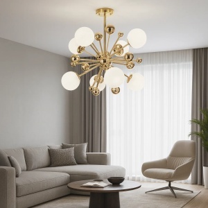 Candelabru modern tip sputnik cu globuri albe și structură metalică aurie