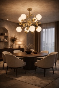 Candelabru modern tip sputnik cu globuri albe și structură metalică aurie