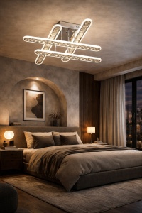 Lustră LED modernă cu bare luminoase și cristale acrilice, perfectă pentru un decor elegant și iluminat uniform în living sau dormitor