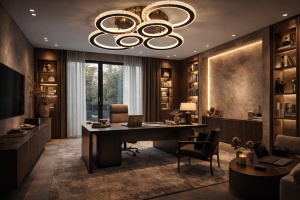 Lustră LED modernă cu cercuri luminoase și efect decorativ mov, perfectă pentru dormitoare contemporane