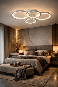 Lustră LED modernă cu cercuri suprapuse și lumină caldă, având un design fluid și elegant
