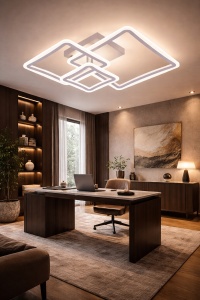 Lustră LED modernă cu forme pătrate suprapuse și contururi luminoase albe, într-un design geometric minimalist