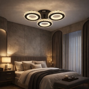 Lustră LED modernă cu trei cercuri luminoase și cristal acrilic, ideală pentru iluminat elegant în living sau dormitor