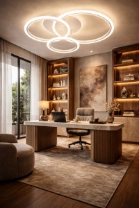 Lustră LED modernă cu design în cercuri împletite, ideală pentru dormitoare și livinguri elegante, oferind lumină uniformă și un aspect minimalist