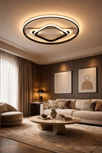 Plafonieră LED modernă cu design geometric oval și pătrat, lumină caldă și ramă neagră minimalistă