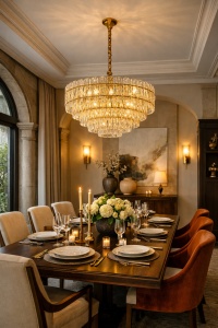 Candelabru modern cu cristale transparente și finisaj auriu, ideal pentru living, dining sau interioare elegante