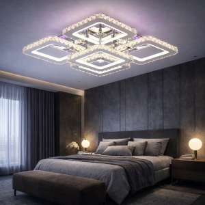 Lustră LED modernă cu rame pătrate cristaline și lumină RGB, ideală pentru un living elegant și contemporan