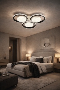 Lustră LED modernă cu trei cercuri luminoase și detalii decorative cristaline