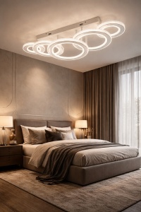 Lustră LED modernă albă cu cercuri concentrice, design geometric elegant și iluminare uniformă