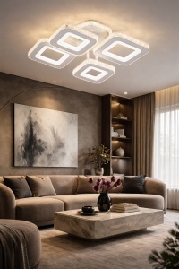 Lustră LED modernă cu mai multe rame pătrate suprapuse, cu lumină caldă difuză și design geometric elegant
