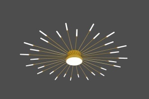 Lustră LED aurie tip raze, cu brațe lungi subțiri dispuse circular și capete luminoase minimaliste
