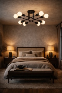 Lustră modernă neagră cu globuri luminoase opal, design geometric tip spider pentru iluminat decorativ în living contemporan