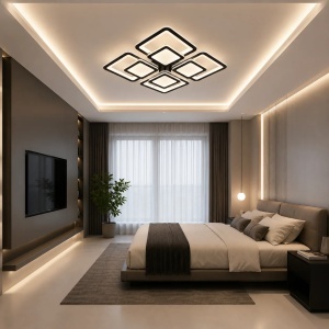 Lustra LED Modernă Neagră Design Geometric cu 4 Elemente, Telecomandă, Lumină Reglabilă