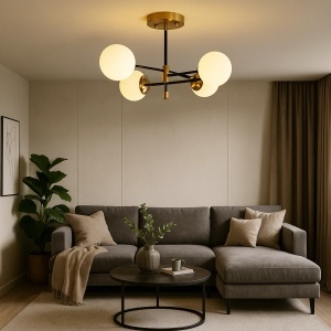 Lustră modernă cu globuri din sticlă, iluminat elegant pentru living