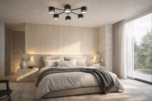 Plafonieră modernă cu spoturi LED orientabile, corp metalic negru și design geometric minimalist