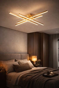 Lustră LED modernă aurie, cu bare luminoase încrucișate, ideală pentru un iluminat elegant și contemporan în living sau dormitor