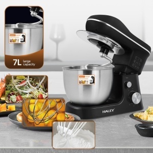 Mixer de Inalta Performanta HALEY HY-2409: Putere de 1200W, Bol Generos din Inox de 7 L, 6 Trepte de Viteza cu Functie Pulse, Design Elegant Negru si Inox