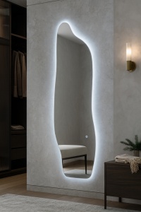 oglindă de perete cu formă neregulată, design minimalist fără ramă și iluminare LED rece, caldă și neutră