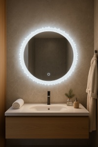 oglindă rotundă LED pentru baie cu iluminare rece, caldă și neutră, design elegant cu rama acrylic ca de glaciar