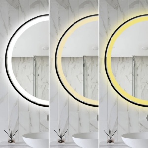 oglindă LED rotundă cu ramă din aluminiu, funcție de dezaburire și trei tipuri de lumină – rece, caldă și neutră