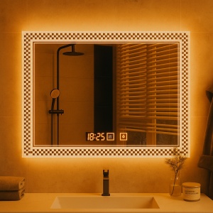 oglindă de baie rectangulară cu rama decorata cu patratele ,cu LED reglabil rece cald neutru, ceas digital și funcție dezaburire