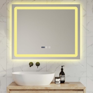 oglindă LED de baie cu funcție de dezaburire, ceas și termometru,design modern