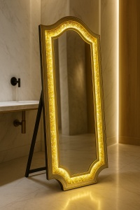 Oglindă de podea cu ramă de sticlă și cu strass auriu și iluminare LED
