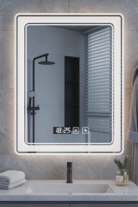 Oglinda LED DECORIALE cu Dezaburire, Ceas si Termometru 60x80cm - "Vetra"