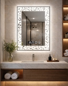 Oglinda LED DECORIALE cu Dezaburire , Ceas si Termometru 80x60cm - "Mirev"
