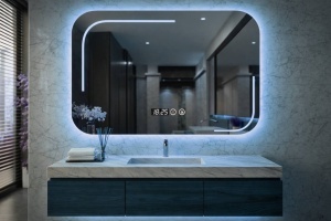 Oglinda baie LED dreptunghiulara cu colturi rotunjite si afisaj digital, design modern