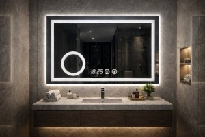 Oglinda baie LED dreptunghiulara cu iluminare si afisaj digital design modern si lupa cosmetica