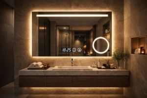 Oglinda LED DECORIALE cu Dezaburire , Ceas , Termometru si Inel pentru Cosmetica 80x60cm - "Lerto"