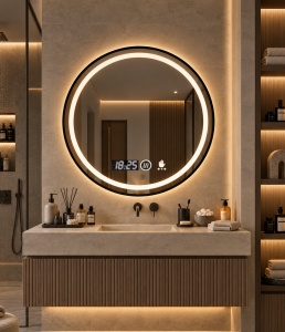 Oglinda LED DECORIALE cu Rama Neagra, Senzor de Mișcare, Dezaburire, Ceas și Termometru 70cm - "Kersin"