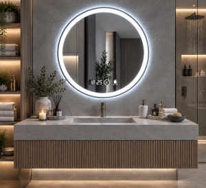 Oglinda rotunda pentru baie cu LED, ceas digital si senzor de miscare