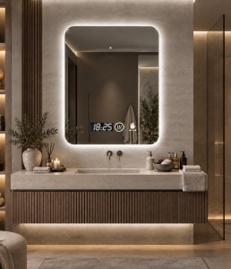Oglinda moderna pentru baie cu LED, functii smart si senzor de miscare